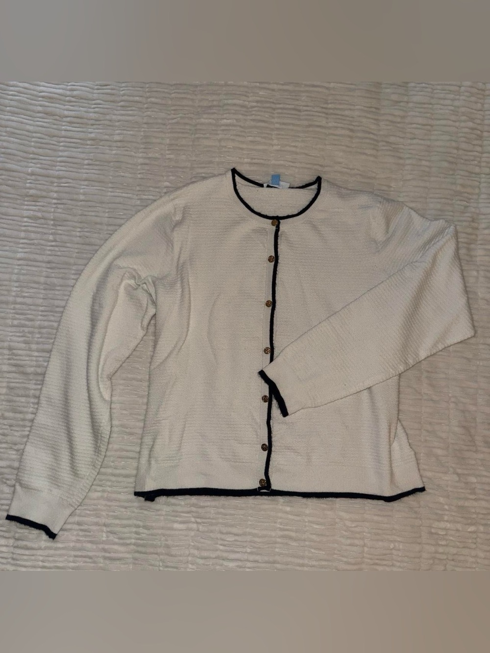 Draper James Cream Button-Front Cardigan with Black Trim